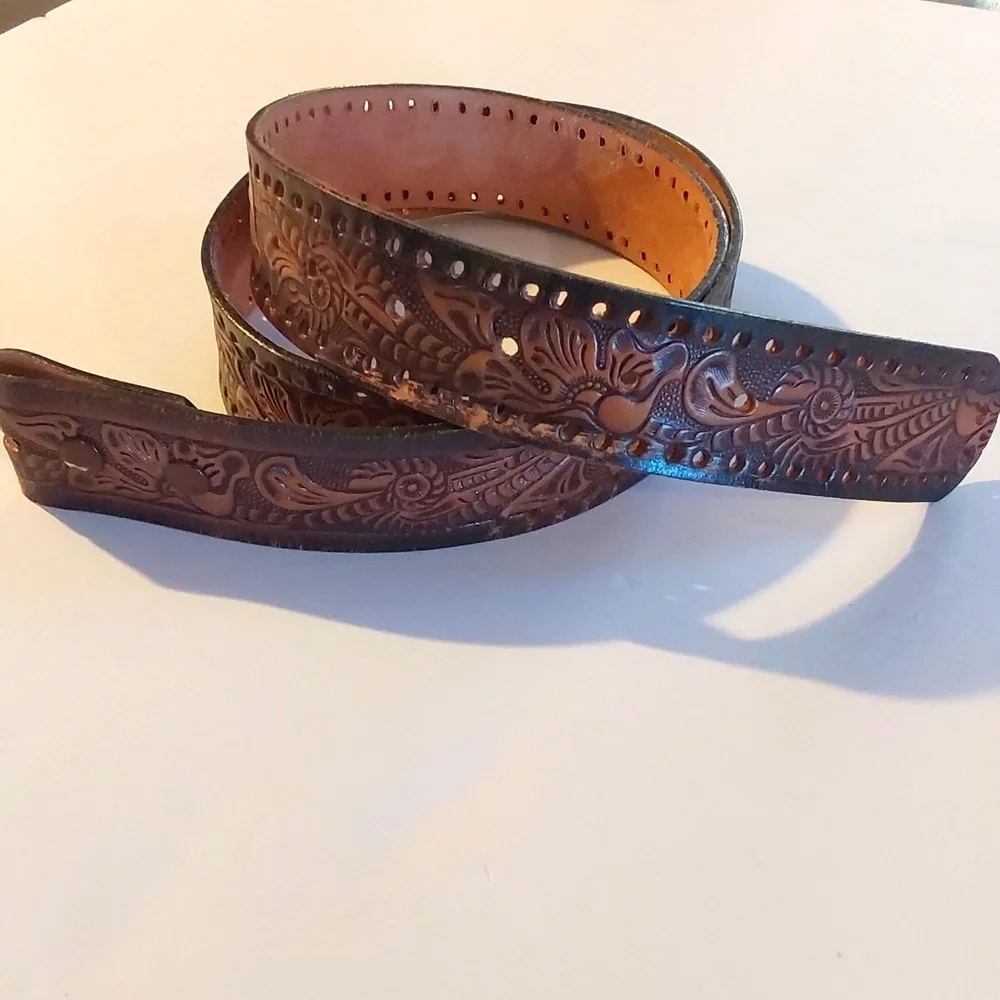 Vintage Mens Brown Hand tooled Premium leather Floral style Dress Belt Sz.38